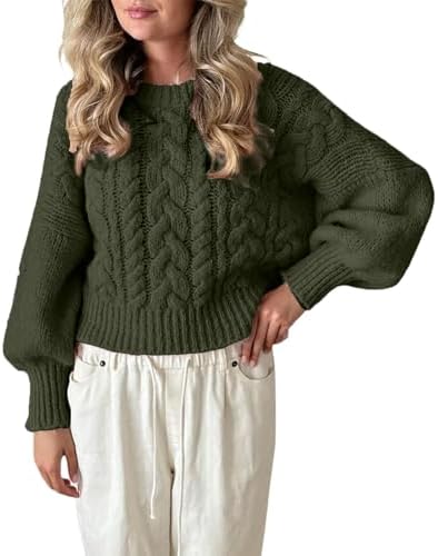 Women's Y2K Cable Knit Sweaters Chunky Long Sleeve Crewneck Cropp...