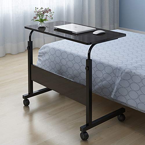 Qchomee 80 x 40cm Mobile Laptop Table Height Adjustable Workstation Overbed PC Computer Desk Bed Side Table for Home Bed Sofa with Metal Frame & Detachable Rolling Castors Black