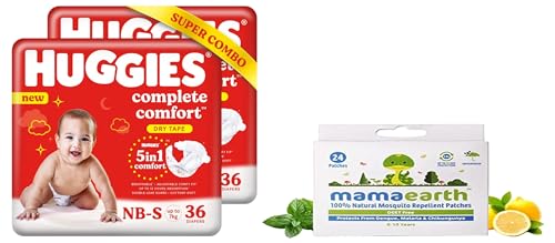 Image of Huggies Complete Comfort Dry Tape Newborn - Small (NB-S) Size Baby Tape Diapers, Combo Pack of 2, 36 count per pack, 72 count & Mamaearth Natural Repellent Mosquito Patches with 12 Hour Protection