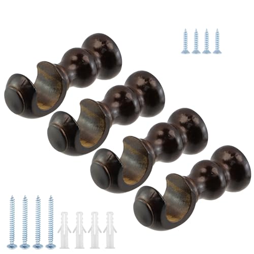 Antrader Wooden Curtain Rod Brackets, Window Curtain Hooks for 1.1" Pole for Curtain Rods,Coffee Color (4Pcs