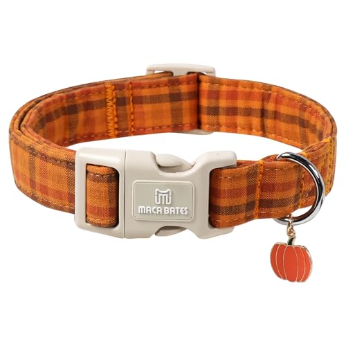 Maca Bates Fall Plaid Basic Dog Collar Pumpkin Charm Small Girl Boy Autumn Brown Gingham Puppy Collars Halloween Checkered Print Adjustable Durable Soft for Male Female Dogs with Safety Buckle