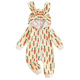 LAGKIYOJ Newborn Baby Easter Outfit Romper Carrot Print Bunny Ears Long Sleeve Hoodie Jumpsuit Fall Winter Baby Clothes (Orange, 3-6 Months)