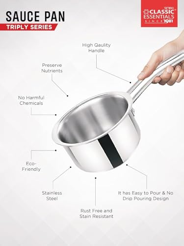 Image of Classic Essentials Triply Stainless Steel Saucepan (16cm, 1500ml) | Stove & Induction Cookware | Heat Surround Cooking | Easy Grip Handles | Steel Tea & Milk Pan with Handle | Steel Patila