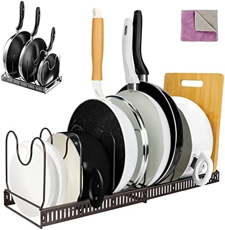 Zvonema Pans Organiser Rack, Expandable Pan Rack Holders with 7 Dividers, Pot & Pan Racks for Cupboard Cabinet and Counter - Send Cleaning Cloth