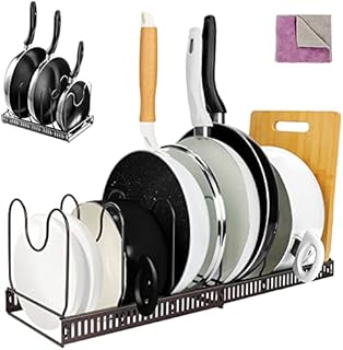 Zvonema Pans Organiser Rack, Expandable Pan Rack Holders with 7 Dividers, Pot & Pan Racks for Cupboard Cabinet and Counter - Send Cleaning Cloth
