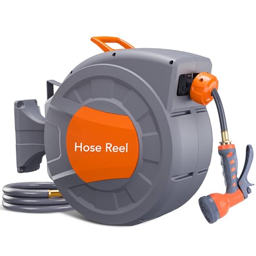 GAOMON Retractable Garden Hose Reel - 1/2 in x 72 ft Wall Mounted 9-Function Sprayer Any Length Lock 180 Swivel Automatic Slow Rewind