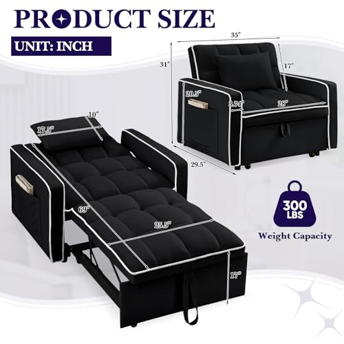 Convertible Sleeper Chair Bed, 3 in 1 Modern Velvet Pull Out Sofa Bed, Small Tufted Single Sleeper Chair with Adjustable Backrest/Pillow for Living Room, Small Spaces, Apartment, Office, Black - Thumbnail 2