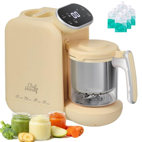 Image of Chefhandy Baby Food Maker, Steamer & Blender with Stainless Steel Basket, Puree Maker with Auto/Manual Blend, Bottle Warmer & Sterili-zer, Safe & Easy-to-Clean Compact Baby Food Processor (Yellow)