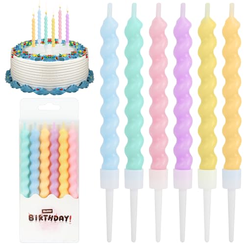 12 Stück Geburtstagskerzen für Torte,Kerzen Geburtstagskuchen,Regenbogen Geburtstagskerzen mit Halterungen,Dünne Lange Bunte Geburtstagskerze,Tortenkerzen für Geburtstag Kuchendekoration (Spiral)