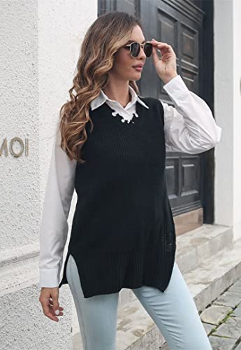 Lisueyne Womens Casual Oversized Sweaters Tattered Vest Loose Soft Side Slit Ribbed Knit Pullover Sweater Top #TOP2