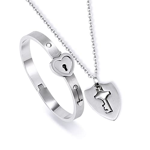 2 Pièces Bracelet Collier Couple Clé Serrure en Acier Inoxydable, Coeur Bracelet de Verrouillage et Collier Pendentif, Bracelet de Verrouillage et Collier Clé, Homme Femme Couples Bijoux Cadeau