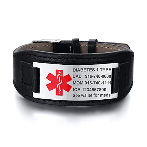 Mprainbow Custom Personalized Medical Alert Id Bracelet,Wide Genuine Leather Stainless Steel Adjustable Wristband #TOP6