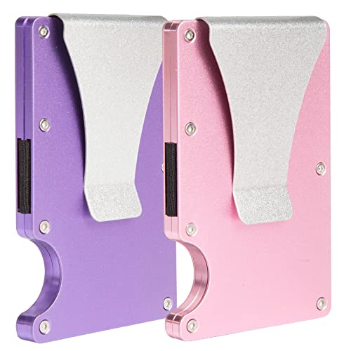 SCULPFUN 2pcs Minimalist Wallet for RFID Blocking, Slim Aluminum Metal Pocket Wallet with Money Clip, Metal Wallets for Women, Personalizable Laser Engraving (Pink+Purple)