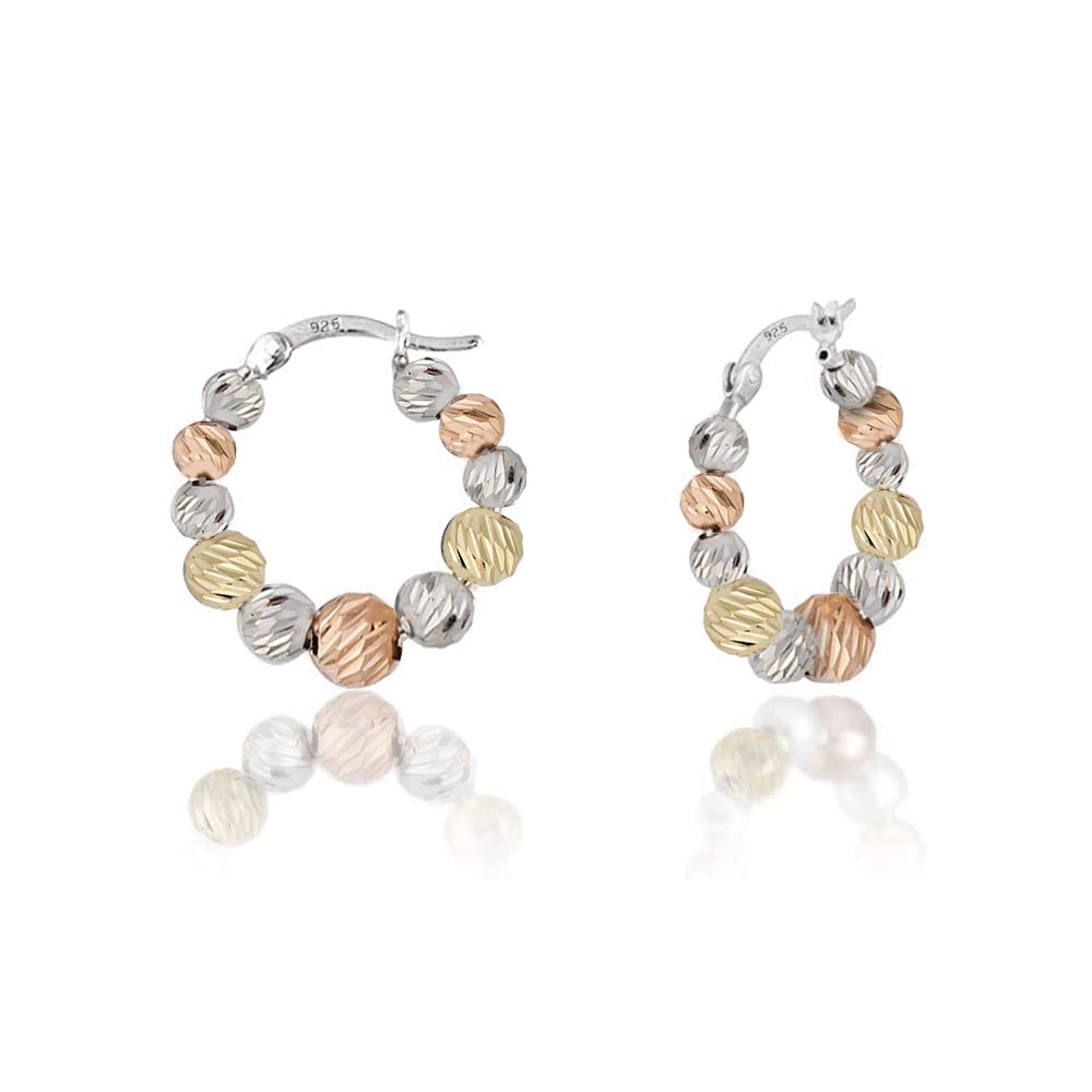 Savlano 925 Sterling Silver Beaded Round Hoop Earrings