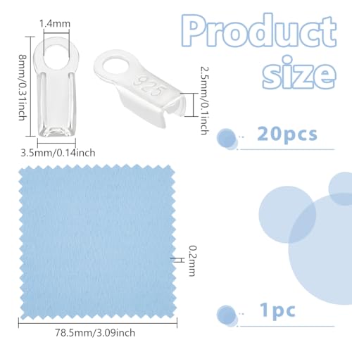 BENECREAT 20 Pcs 925 Sterling Silver Tube Fold Over Cord Ends Crimps, 8x3.5mm Silver Fold-Over End Caps for Jewelry Making, Hole: 1.4mm