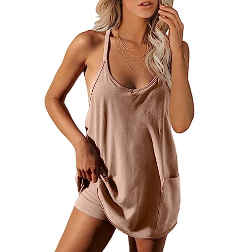 Image of UNIANKIYA Womens Workout Romper Dress with Shorts Underneath Sleeveless Spaghetti Straps Athletic Outfits Casual Vacation
