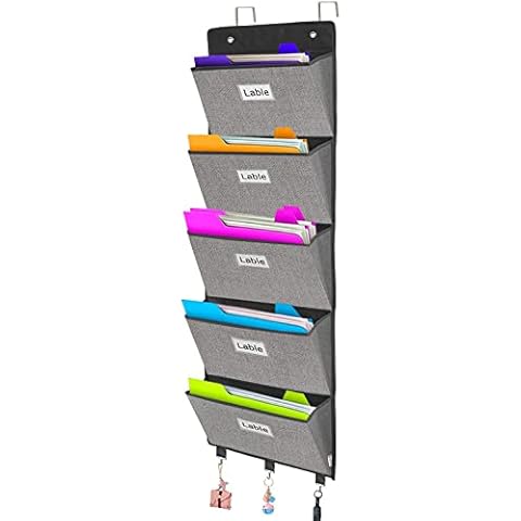 Hanging Wall File Folder Organiser - Over Door Storage Magazine Holder with 5 Large Pockets for School Paper,Document,Mails,Books,Newspapers,Letter Behind Pantry Door,Classroom,Office (Grey) Cover
