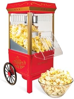 Nostalgia Vintage Hot-Air Popcorn Maker Machine - Makes Up to 12 Cups - Oil-Free - Healthier Popcorn - Classic Stand-Up Cart With Wheels - Includes Kernel Measuring Cup - Red