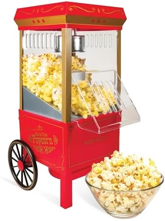 Nostalgia Vintage Hot-Air Popcorn Maker Machine - Makes Up to 12 Cups - Oil-Free - Healthier Popcorn - Classic Stand-Up Cart With Wheels - Includes Kernel Measuring Cup - Red