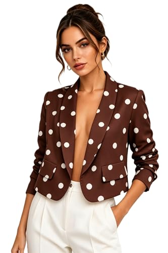 Image of Womens Cropped Blazer Jacket with Ruched Sl, Fully Lined Ladies Blazer for Women UK, Elegant Smart Casual Office Party Wear Cropped Jacket (UK, Numeric, 8, 12, Regular, Regular, Brown-Polka Dot)