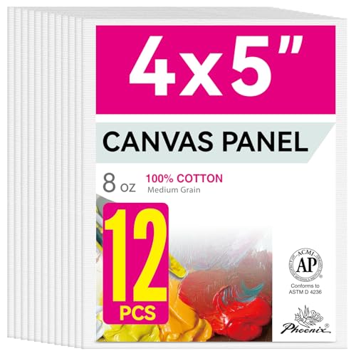 PHOENIX Small Painting Canvas Panels 4x5 Inch, 12 Value Pack - 8 Oz Triple Primed 100% Cotton Acid Free Canvas Boards for Painting, White Blank Flat Canvas Boards for Acrylic, Oil Paints