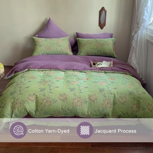 VM VOUGEMARKET Green Duvet Cover Set Full,Lily Flower Jacquard Duvet Cover with 2 Pillowcases 3Pcs Yarn-Dyed Linen Cotton Green Purple Bedding Set for Teens Girls Without Comforter-80 x90