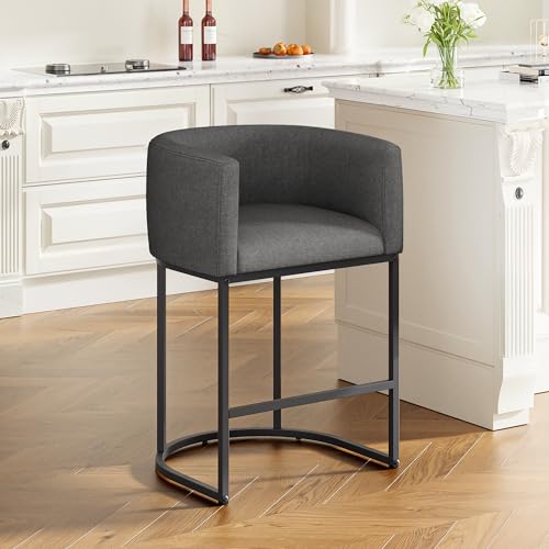 VATROS 24.4" H Counter Height Bar Stools, Modern Barrel Counter Stools with Backrest and Arms, Linen Fabric Upholstered Accent Barstools for Kitchen Island (Carbon Black) by VATROS - Used condition - CA$130.58