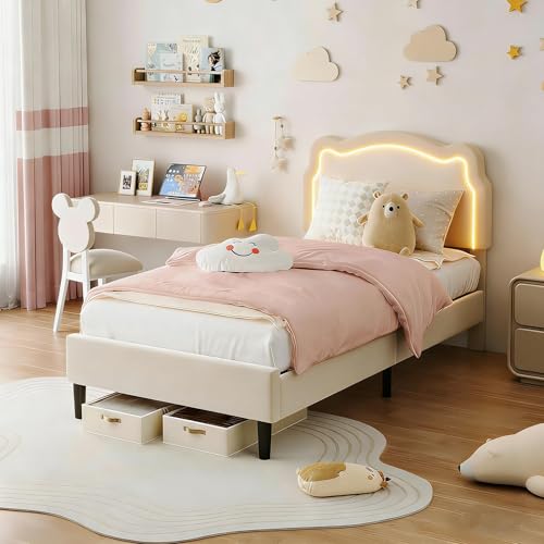 Image of GarveeHome Twin Upholstered Smart LED Bed Frame with Headboard, Velvet Princess Platform Bed Frame for Kids, Wooden Slats Support, No Box Spring Needed (Off-White)