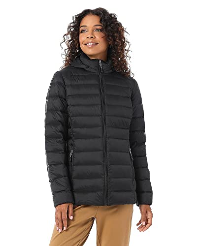 32 Degrees Women’s Water-Repellent Packable Down Jacket, Ultra-Light with Detachable Hood, Black, Large