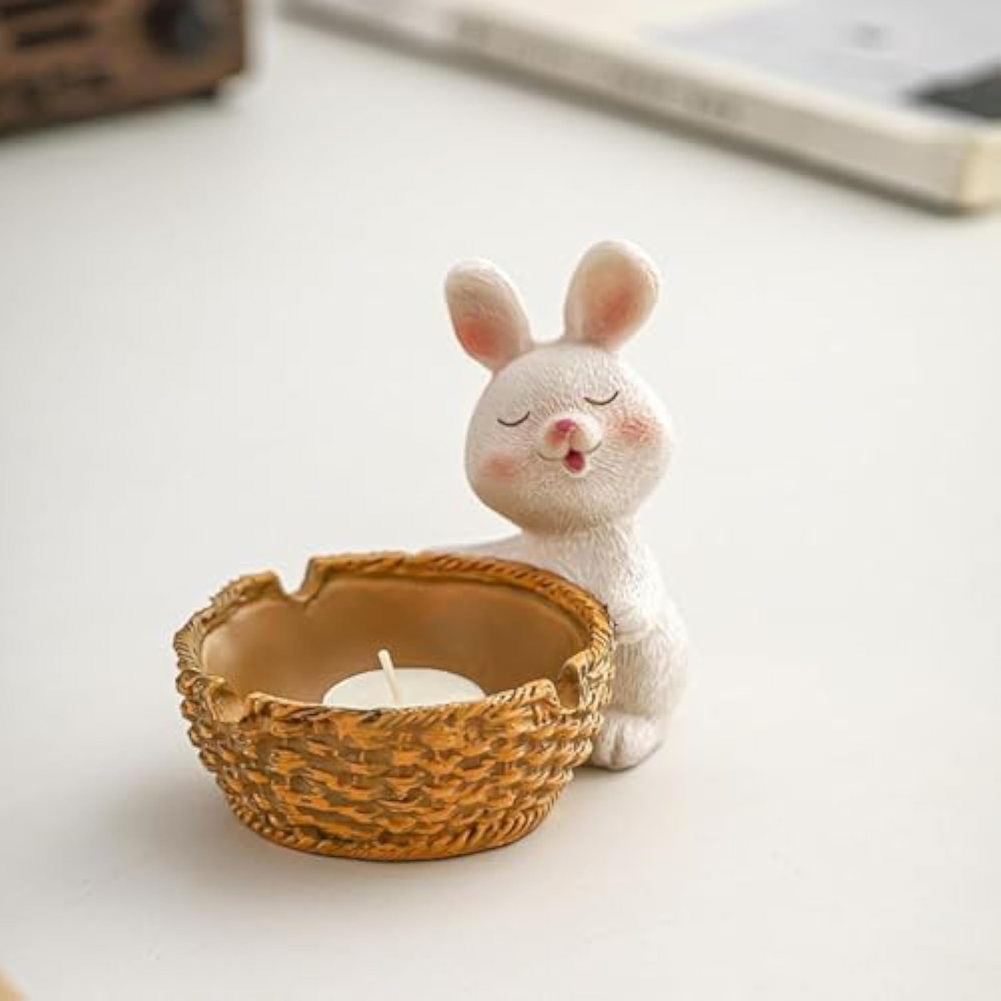 Cute Resin Rabbit Figurine Tea Light Holder for Desktop