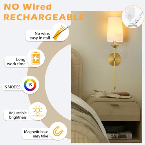 Image of PASSICA DECOR Battery Operated Wall Sconces Set of Two, Rechargeable Gold Wall Lights with Dimmable Detachable Light Bulb, Remote Control, Lamp Fixture for Bedroom Living Hallway
