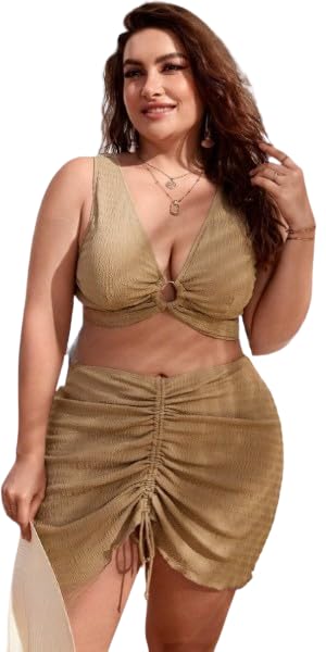 plus curvves Plus Size Ring Linked Bikini Set with Beach Skirt Brown - XL - 8XL-picture-43