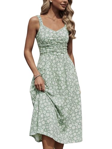 HUHOT Summer Dresses for Teens 2026 Vacation Women Sundresses Sun Dress Sundress with Pockets Long Maxi Easter Sleeveless Elastic Straps Bridal Shower Garden Party Tea Sage Green Floral