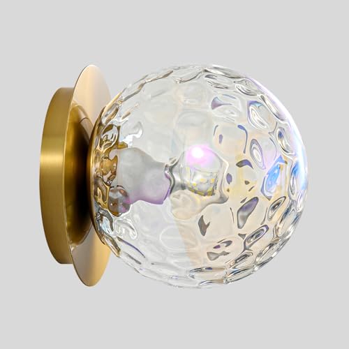 Image of Modern Gold Globe Wall Sconce,Single Light with Stained Glass Shade | 6 inch Minimalist Spherical Vanity Sconces,Contemporary Small Brass Ball Lights Fixture for Entryway Bedside Bathroom,E26 Base