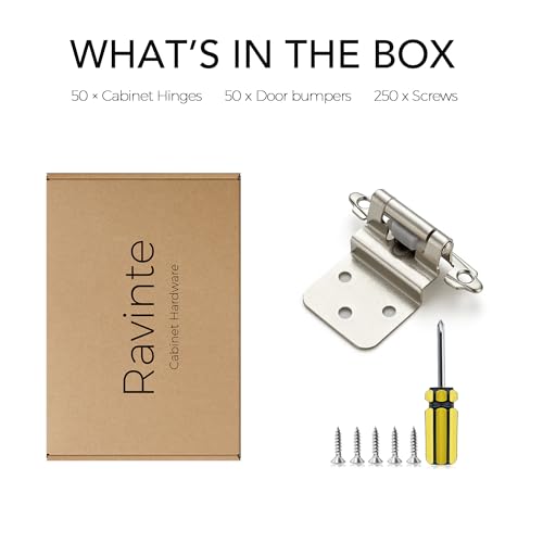 Image of Ravinte 50 Pack 25 Pairs 3 /8 Inch Inset Cabinet Door Hinges Kitchen Satin Nickel Semi-Concealed Face Mount Self-Closing Cabinet Hinges with Bumpers & Screwdriver