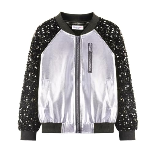 Image of WELAKEN Girls Sequin Sparkle Zip Bomber Jacket | Sequin sleeves, shiny bomber style, ribbed trim, smooth zipper and side pockets for party, dance, school and photos