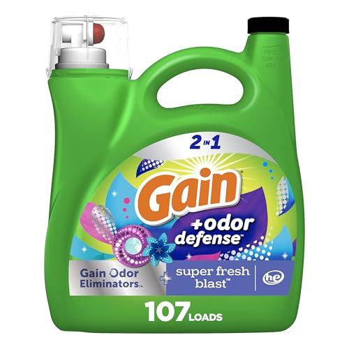 Gain + Odor Defense Liquid Laundry Detergent, Super Fresh Blast Scent, 107 Loads, HE Compatible Washing Soap (Packaging May Vary)