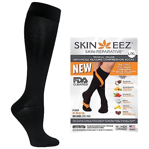 Skineez Compression Socks, Medical Grade, Advanced Healing Compression Socks 20-30mmHg, Clinically Proven to Firm, Moisturize, and Revitalize Skin, Foot Arch, Heel, and Nerve Pain Relief, Black, Small/ Medium, 1 Pair Cover