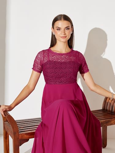 Image of Miss Chase Women's Round Neck Half Sleeve Lace Overlaid Maxi Dress (MCAW25D85-97-23-03, Pink, S)