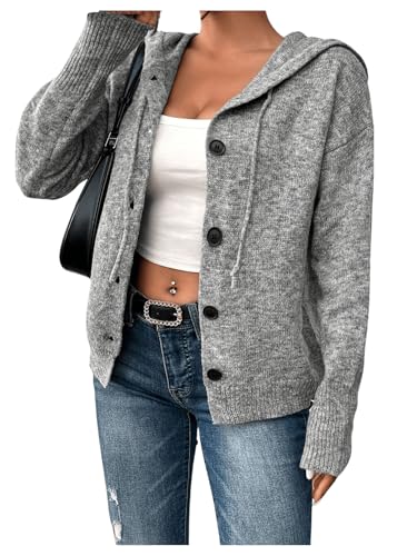 Women's Plus Size Button Down Cardigan Long Sleeve Knit Drawstring Hooded Sweaters Fall Clothes