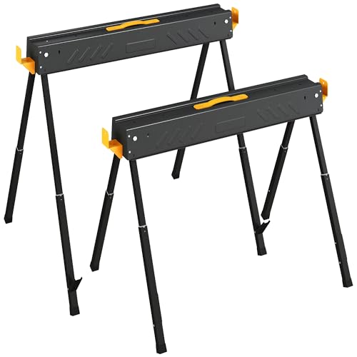 HOMCOM Set de 2 Caballetes para Sierra Plegables, Banco de Trabajo, Altura Ajustable, para Madera 2x4, con Asa, Ganchos, Base Antideslizante, para Carpintería y Bricolaje, Soporta hasta 500 kg, Negro