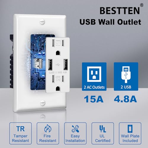 Bestten USP-2U2A-5-10PK 10 Pack 4.8A Usb Wall Receptacle Outlet thumb #1