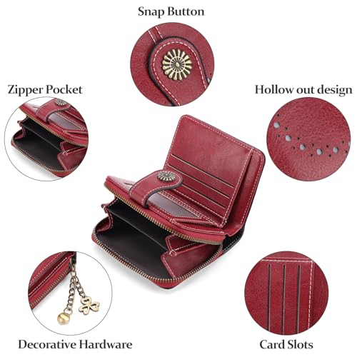 Image of Small Wallet for Women Leather Bifold Compact RFID Blocking with Zipper Coin Pocket