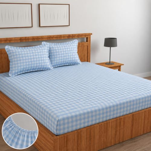 Image of la'amour 100% Cotton Elastic Fitted Bedsheets with 2 King Size Pillow Covers Double Bed with All Around Elastic Supersoft Size - 72 King Sizex78+10 inches Blue White Checks 200 tc - 220 tc