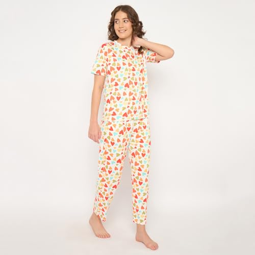 Image of CAMEY Women's Printed Pyjama Set, Short Sleeve T-Shirt and Trousers, Women Nightsuit, Loungewear Sets