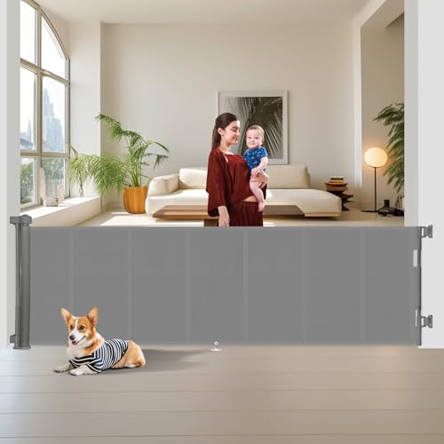 Image of Miumoon 150 inch Retractable Baby Gates 34 inch Tall, Retractable Gate with Reinforced Strip Design to Prevent Crawling Through, 12 FT Extra Wide Retractable Dog Gate for Indoor/Outdoor