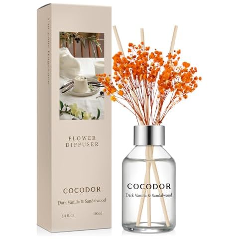 COCODOR Flower Reed Diffuser Set / 3.4oz / Dark Vanilla&Sandalwood/Scent Diffuser with Sticks Home Fragrance Reed Diffuser for Bathroom Shelf Decor Cover
