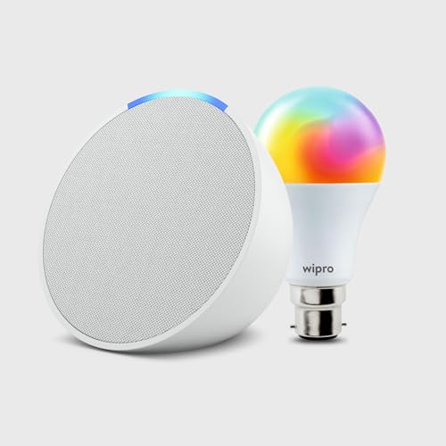 Image of Amazon Echo Pop (White) Smart Home Speaker Combo with Wipro 12W Simple Setup Smart Bulb | with Bluetooth and Alexa