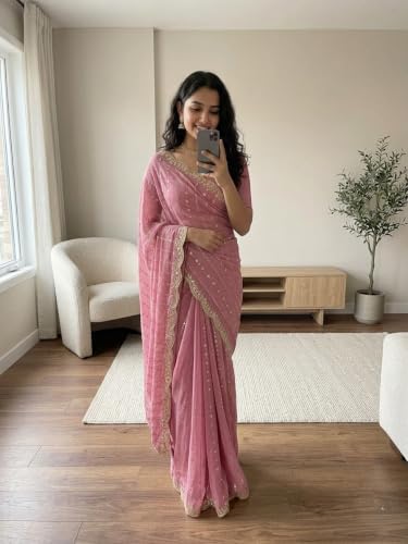 Image of RADHA Women's Embroidery Work Saree with Designer Border for Festive and Traditional Ethnic Drape Saree with Detailed Thread Style Pattern and Elegant Occasion Look