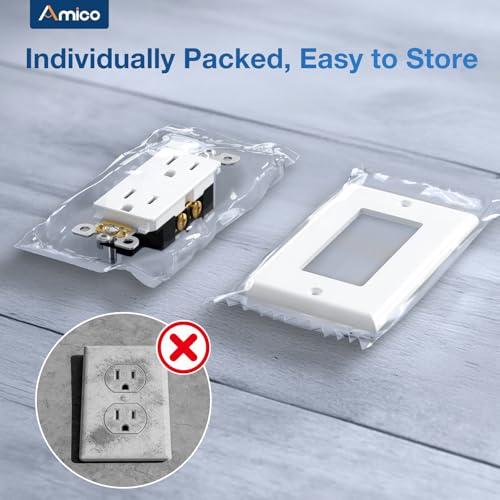 Image of Amico 50 Pack 15 Amp Tamper Resistant Wall Outlets UL Listed | Decorator Electrical Receptacles with Wall Plates, 125V /1875W Electrical Outlets for Home, Office & Commercial Use, White